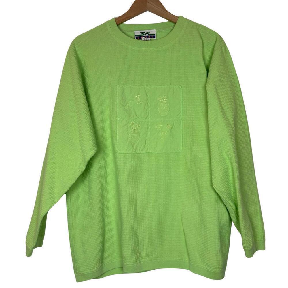 VTG SK Sport Neon Green Embroidered Waffle Knit Sweatshirt Size: M